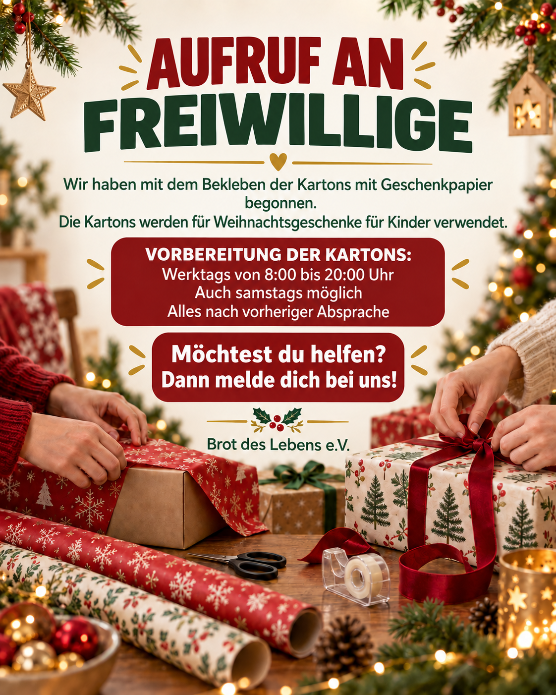 Aufruf an Freiwillige für die Weihnachtsaktion von Brot des Lebens e.V.